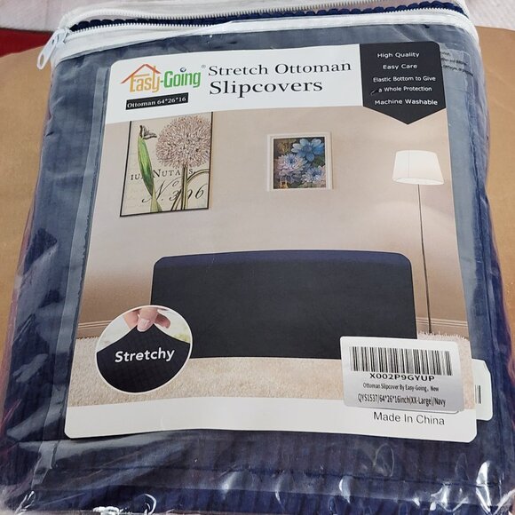 Easy Going Navy Blue Elastic Bottom Soft Stretch Ottoman Slipcover 64"x26"x16" - Picture 1 of 16
